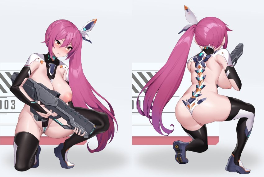 1girl ass black_thighhighs blush breasts bridal_gauntlets closed_mouth from_behind goddess_of_victory:_nikke gun hair_ornament highres holding holding_gun holding_weapon kirome_(kamipaper) kneeling large_breasts long_hair multiple_views new_(lk) nipples original pink_hair side_ponytail thighhighs very_long_hair weapon