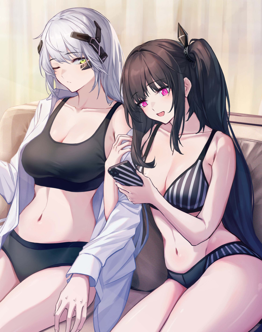 2girls 3_small_spiders absurdres architect_(girls'_frontline) black_bra black_hair black_panties bra breasts cellphone cleavage collarbone collared_shirt commentary_request gager_(girls'_frontline) girls'_frontline glance green_eyes highres holding holding_phone indoors large_breasts linea_alba locked_arms long_hair long_sleeves multiple_girls navel one_eye_closed open_clothes open_mouth open_shirt panties phone pink_eyes sangvis_ferri shirt side_ponytail sitting smartphone sports_bra striped striped_bra striped_panties underwear white_hair white_shirt