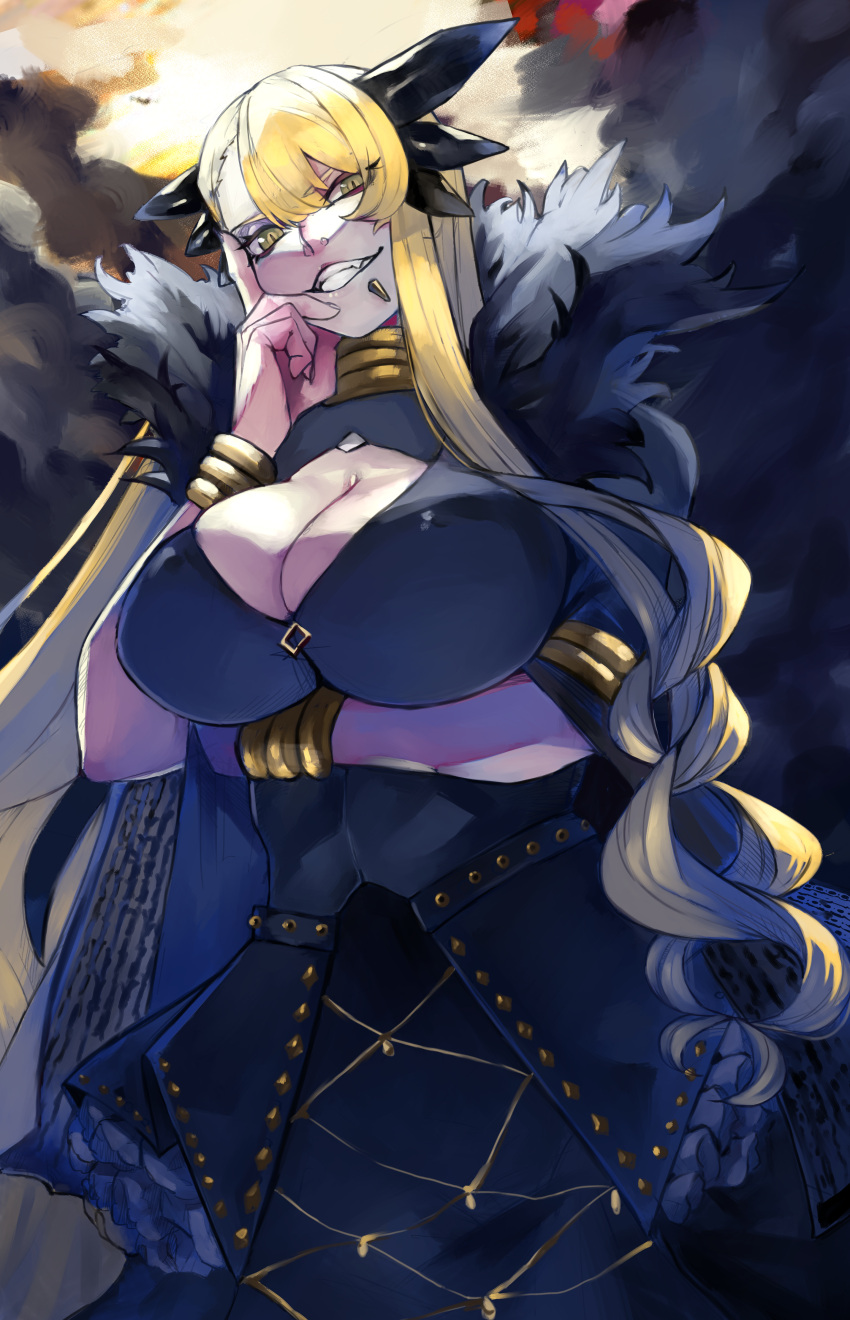 1girl absurdres armlet black_dress blonde_hair bracelet breasts chin_piercing cleavage cleavage_cutout clothing_cutout dark-skinned_female dark_skin dragon_girl dragon_horns dress facial_mark fate/grand_order fate_(series) fur-trimmed_dress fur_trim grin gumi_(the_eye_of_darkness) highres horns jewelry large_breasts long_hair long_sleeves looking_at_viewer neck_ring smile solo swept_bangs veil vritra_(fate) yellow_eyes