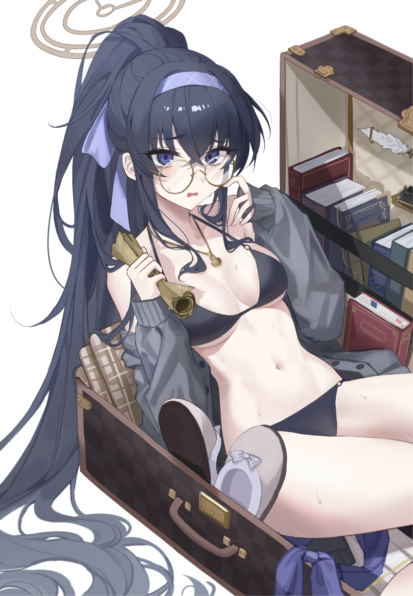 1girl absurdres bags_under_eyes bikini black_bikini black_hair blue_archive blue_eyes blue_hairband blush breasts cardigan commentary_request glasses hairband halo highres holding large_breasts long_hair looking_at_viewer navel off_shoulder official_alternate_costume open_cardigan open_clothes open_mouth round_eyewear shupami solo stomach swimsuit ui_(blue_archive) ui_(swimsuit)_(blue_archive) very_long_hair