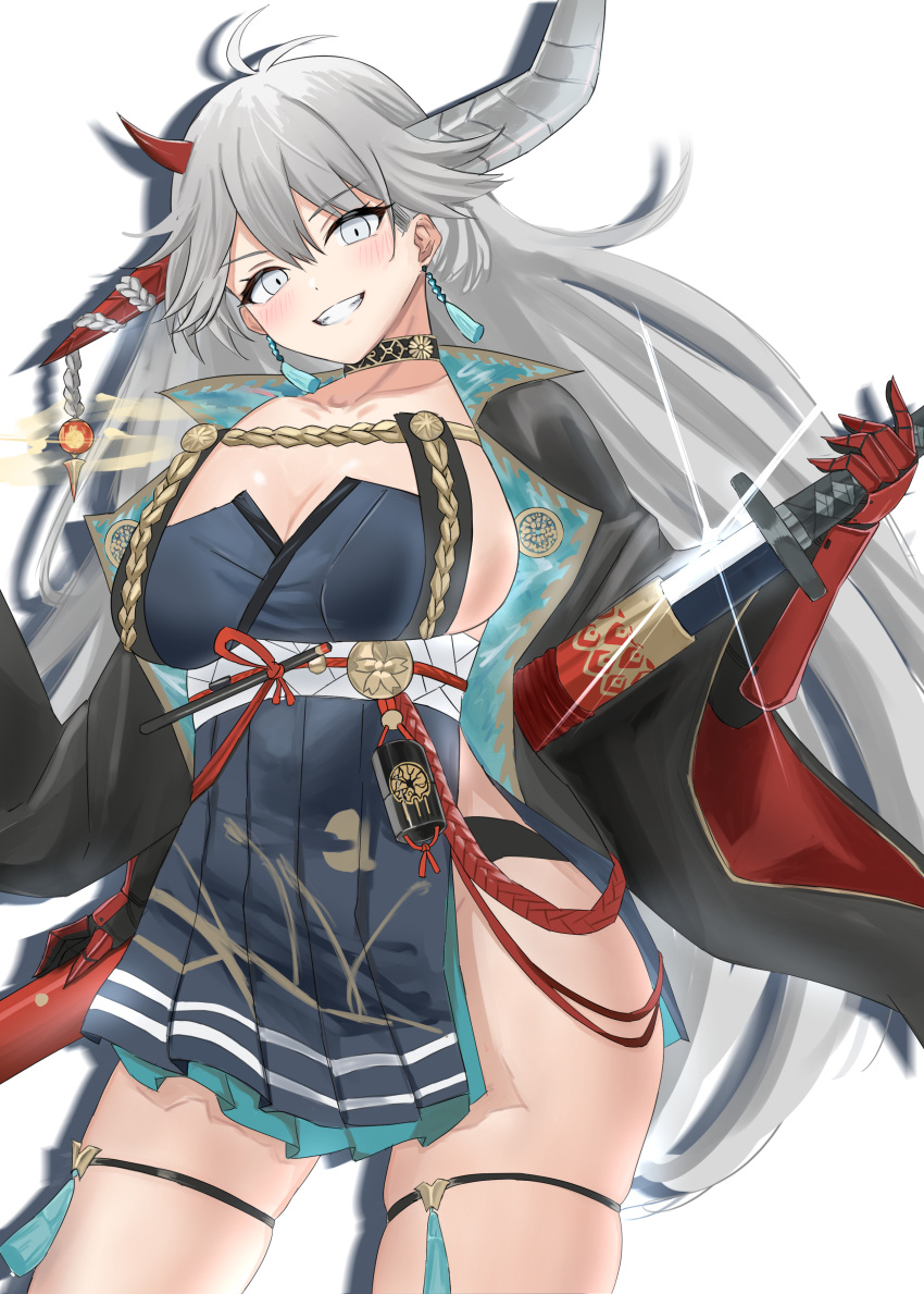 1girl absurdres armored_gloves azur_lane blue_dress blue_eyes blush breasts choker cleavage commentary_request dragon_girl dragon_horns drawing_sword dress earrings gauntlets grin groin hair_between_eyes hakuryuu_(azur_lane) hands_up head_tilt highres hip_focus holding holding_sword holding_weapon horn_ornament horns jewelry large_breasts legs_apart long_hair no_bra orange_gemstone sideboob sideless_outfit skindentation smile solo soul_(dp11) sword sword_behind_back thigh_strap very_long_hair weapon white_eyes white_hair