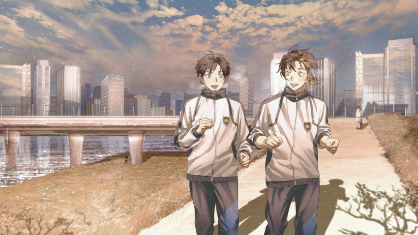 2boys bachira_meguru black_hair black_pants blue_lock bridge building cityscape clenched_hands cloud commentary feet_out_of_frame grey_eyes highres isagi_yoichi jacket jogging looking_at_another male_focus multiple_boys open_mouth outdoors pants river shadow short_hair sky smile standing symbol-only_commentary white_jacket yellow_eyes yorha_2b2e