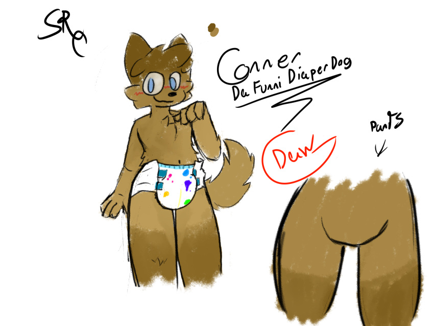 ambiguous_gender anthro blush blush_lines brown_body brown_fur canid canine canis cheek_tuft chest_tuft conner(srcfur) diaper domestic_dog facial_tuft fluffy fluffy_tail fur gesture hi_res mammal model_sheet multicolored_body multicolored_fur pointing pointing_at_self simple_background solo srcfur tail tuft two_tone_body two_tone_fur