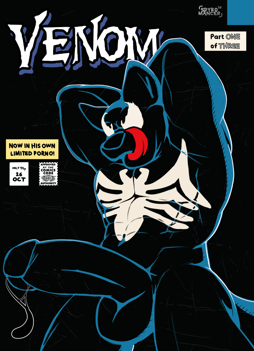 absurd_res anthro balls big_balls big_penis black_body black_cum bodily_fluids canid canine canis colored_cum comic cover cover_art cover_page cum genital_fluids genitals hands_behind_back hi_res licking low-angle_view male mammal marvel muscular muscular_anthro muscular_male nude pecs penis precum presenting presenting_penis simple_background smile solo spyromancer symbiote tongue tongue_out unusual_bodily_fluids unusual_cum unusual_genital_fluids venom_(marvel) wolf