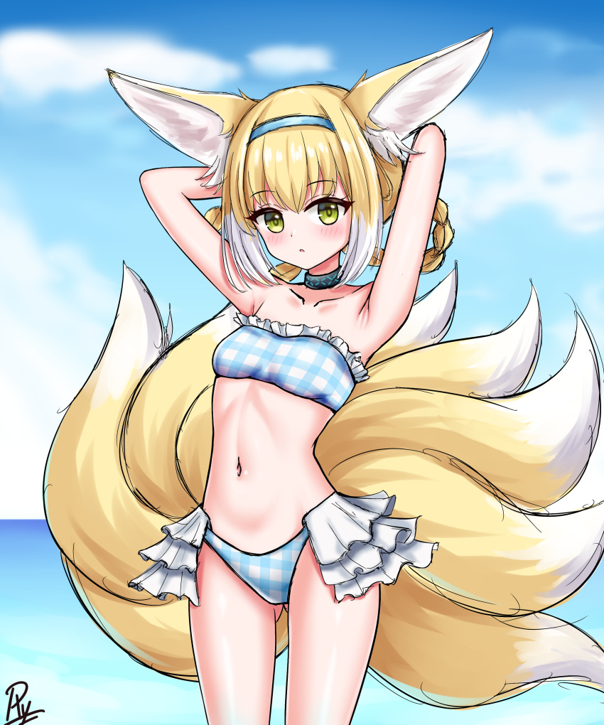 1girl :o absurdres animal_ear_fluff animal_ears arknights armpits arms_behind_head arms_up bare_arms bare_shoulders bikini blonde_hair blue_bikini blue_hairband blue_sky blush braid breasts cloud cloudy_sky collarbone commentary day english_commentary fox_ears fox_girl fox_tail frilled_bikini frills hair_rings hairband highres horizon kitsune looking_at_viewer multicolored_hair navel ocean outdoors parted_lips plaid plaid_bikini rylaera signature sky small_breasts solo suzuran_(arknights) swimsuit tail twin_braids two-tone_hair water white_hair