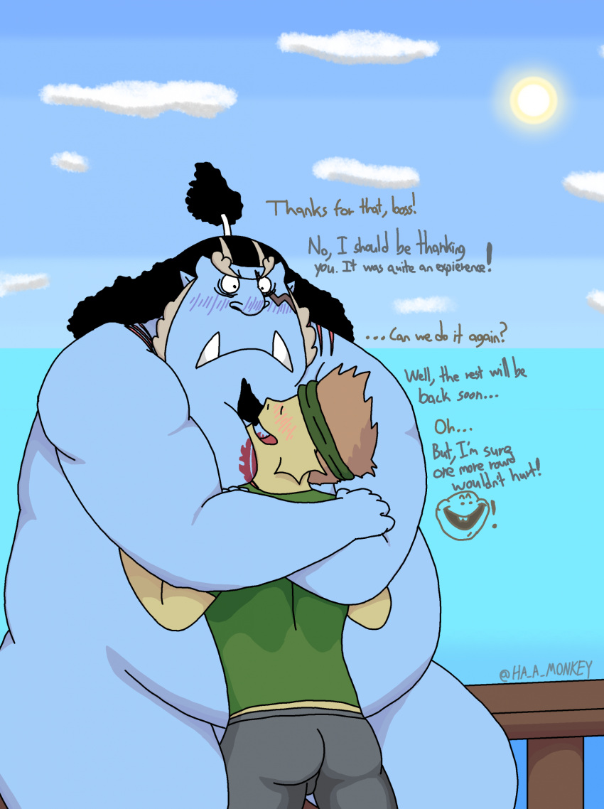 after_sex animal_humanoid belly big_belly blue_body blue_skin blush clothed clothed/nude clothing cuddling duo embrace fish fish-men_(one_piece) fish_humanoid ha_a_monkey hi_res hug humanoid jinbe male male/male marine marine_humanoid nude one_piece overweight overweight_male sea size_difference sky text tusks water yellow_body