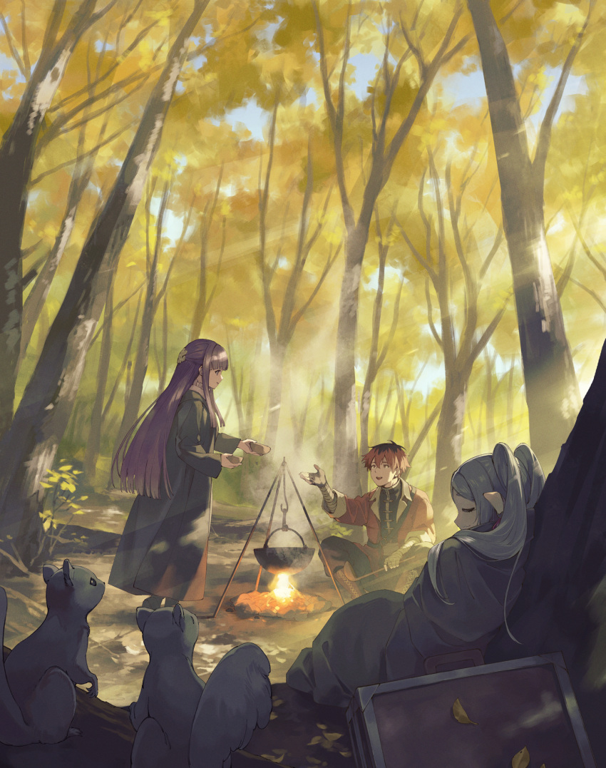 1boy 2girls arm_wrap bandaged_arm bandages black_coat blanket boots bowl butterfly_hair_ornament campfire closed_eyes coat collar dress elf fern_(sousou_no_frieren) fire forest frieren frilled_collar frills hair_ornament highres holding holding_ladle ladle leaf long_coat long_hair mouse multiple_girls nature outdoors pointy_ears purple_eyes purple_hair red_coat red_hair short_hair sitting sleeping sleeping_upright sousou_no_frieren standing stark_(sousou_no_frieren) straight_hair suitcase tree twintails white_dress zinnkousai3850