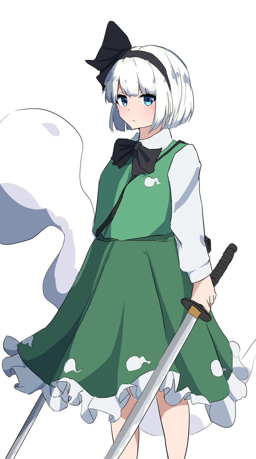 1girl absurdres arms_at_sides black_bow black_bowtie black_hairband black_ribbon blue_eyes blunt_bangs blunt_ends bob_cut bow bowtie closed_mouth collared_shirt commentary_request dual_wielding expressionless feet_out_of_frame frilled_skirt frills green_skirt green_vest hair_ribbon hairband highres hitodama hitodama_print holding holding_sword holding_weapon katana konpaku_youmu konpaku_youmu_(ghost) light_blush long_sleeves looking_at_viewer refuson_man ribbon scabbard sheath shirt short_hair simple_background skirt solo standing sword touhou unsheathed vest weapon white_background white_hair white_shirt