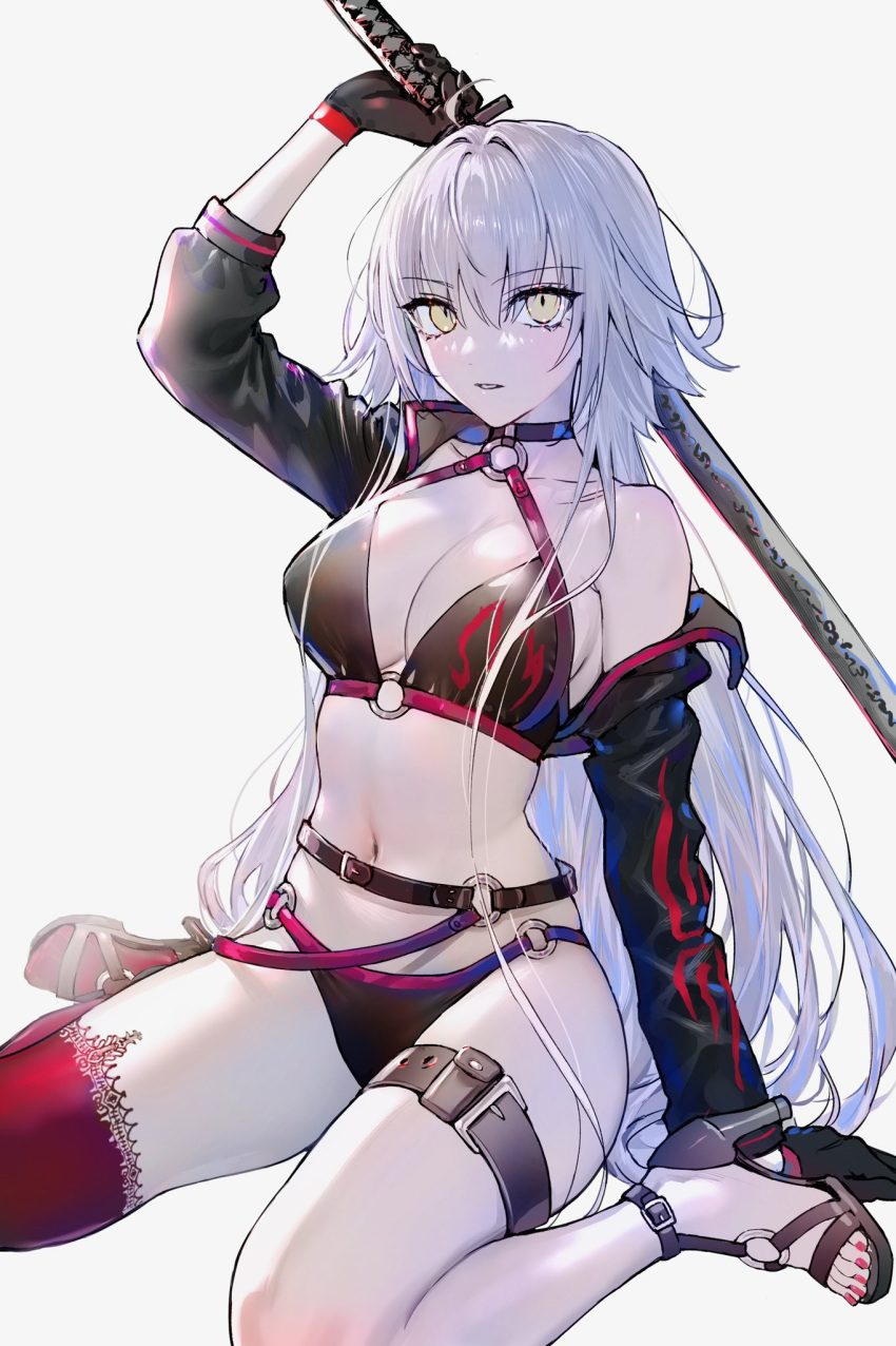 1girl ahoge arm_up belt bikini black_bikini black_choker black_gloves black_jacket breasts brown_belt choker cleavage commentary_request cropped_jacket fate/grand_order fate_(series) flame_print gloves grey_background grey_hair hair_between_eyes highres holding holding_sword holding_weapon jacket jeanne_d'arc_alter_(fate) jeanne_d'arc_alter_(swimsuit_berserker)_(fate) katana large_breasts long_hair long_sleeves looking_at_viewer nail_polish navel nipi27 o-ring o-ring_bikini o-ring_bottom o-ring_top off_shoulder parted_lips print_bikini red_nails red_thighhighs single_thighhigh sitting solo strappy_heels swimsuit sword thigh_belt thigh_strap thighhighs toenail_polish toenails toes wariza weapon yellow_eyes