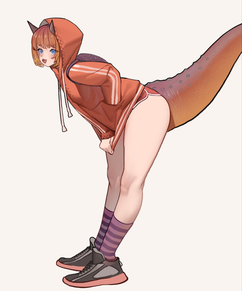 1girl backpack bag blue_eyes blush dinosaur_girl dinosaur_tail dolphin_shorts drawstring from_side grey_background hand_in_pocket highres hood hoodie hoodie_pull horns kamitoge_supino leaning_forward open_mouth orange_hair orange_hoodie orange_shorts original shoes short_hair shorts smile sneakers socks solo striped striped_socks tail