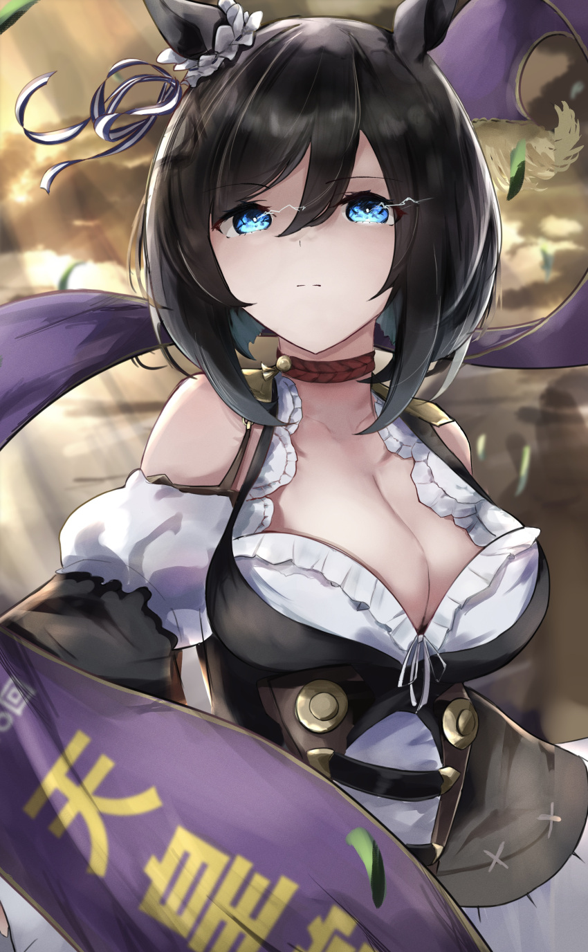 1girl absurdres black_hair black_sleeves blouse blue_eyes bob_cut bodice breasts choker cleavage detached_sleeves ear_scrunchie eishin_flash_(umamusume) german_clothes hair_between_eyes highres horse_girl large_breasts ponimeri red_choker scrunchie shirt short_hair solo swept_bangs umamusume upper_body white_scrunchie white_shirt