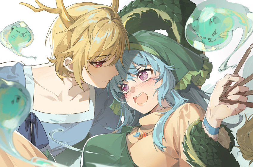 2girls apron blonde_hair blue_hair blue_shirt blush collarbone commentary_request commission dragon_girl dragon_horns dragon_tail embarrassed face-to-face green_apron green_headwear haniyasushin_keiki head_scarf highres horns jewelry kicchou_yachie long_hair magatama magatama_necklace multiple_girls necklace open_mouth otter_spirit_(touhou) purple_eyes qianjingya red_eyes second-party_source shirt short_hair tail tail_wrap touhou upper_body water white_background wood_carving_tool yellow_horns yellow_shirt yuri