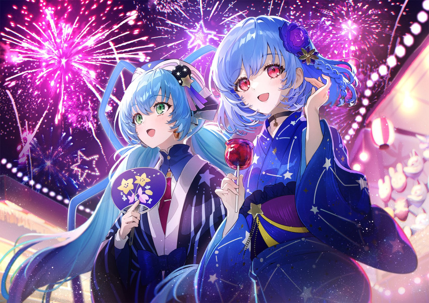 2girls :d blue_kimono blue_ribbon blurry blurry_background blush braid candy candy_apple color_connection commentary_request company_connection constellation_print cowboy_shot crossover eyelashes festival fireworks flower food fox_mask galibo green_eyes hair_between_eyes hair_color_connection hair_flower hair_ornament hair_ribbon hand_fan hand_up highres holding holding_candy holding_fan holding_food hoshino_yumemi houkiboshi_(prima_doll) japanese_clothes kanzashi key_(company) kimono lantern long_hair long_sleeves looking_up low_twintails mask medium_hair multiple_girls night night_sky open_mouth outdoors paper_lantern planetarian prima_doll_(anime) purple_flower red_eyes ribbon sky smile standing star_(symbol) star_hair_ornament star_print trait_connection twin_braids twintails very_long_hair wide_sleeves yukata