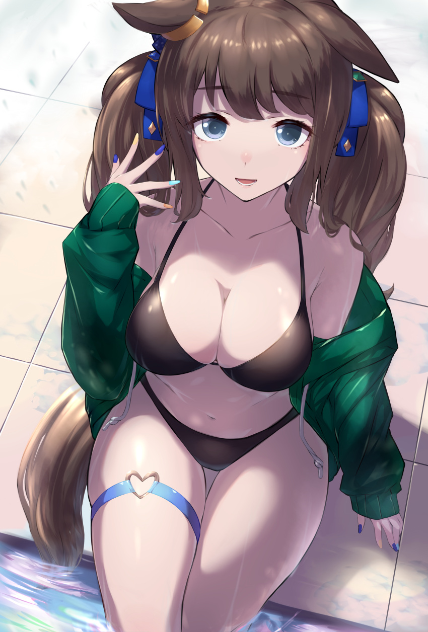 1girl absurdres animal_ears bikini black_bikini blue_eyes breasts brown_hair cleavage collarbone commentary_request green_jacket hair_ribbon hand_up highres horse_ears horse_girl horse_tail jacket long_hair looking_at_viewer multicolored_nails navel off_shoulder open_mouth outdoors pool ribbon saikuu sidelocks smile solo stomach swimsuit tail thigh_strap tosen_jordan_(umamusume) twintails umamusume