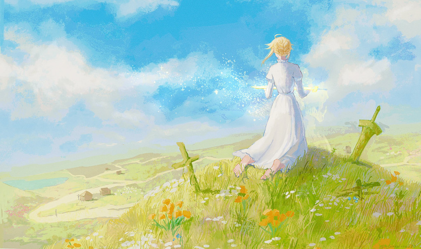 1girl 31tamagokake580 ahoge artoria_pendragon_(fate) barefoot blonde_hair blue_flower braid braided_bun cloud cross day dress excalibur_(fate/stay_night) facing_away fate/grand_order fate/stay_night fate_(series) flower from_behind full_body grass hair_bun highres hill holding holding_sword holding_weapon house juliet_sleeves kneeling lake light_particles long_sleeves orange_flower outdoors planted planted_sword puffy_sleeves saber sidelocks single_hair_bun solo sword weapon white_dress white_flower
