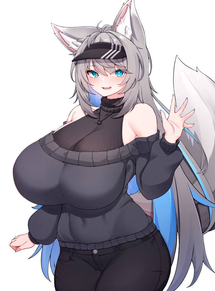 1girl 5danny1206 absurdres animal_ear_fluff animal_ears antenna_hair bare_shoulders black_headwear black_pants black_shirt blue_eyes blue_hair blue_nails breasts bright_pupils cleavage colored_inner_hair covered_collarbone fox_ears fox_girl grey_hair highres huge_breasts jewelry multicolored_hair necklace off-shoulder_shirt off_shoulder pants parted_lips see-through see-through_cleavage shirt streaked_hair turtleneck visor_cap vrchat white_pupils