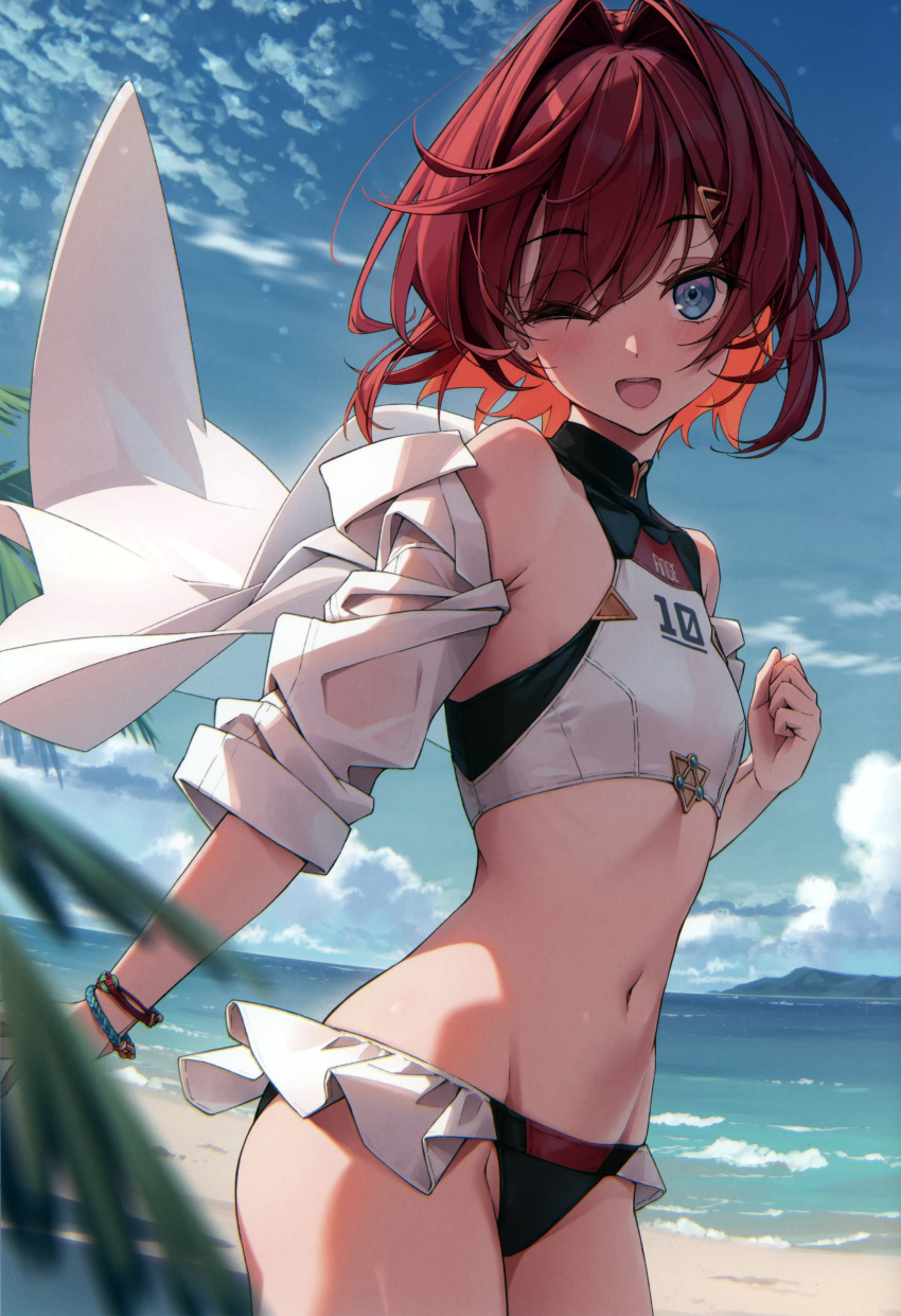 1girl absurdres ange_katrina bare_shoulders beach bikini blue_eyes blue_sky bracelet clenched_hand cloud cloudy_sky day flat_chest hair_ornament hairclip hand_up highres jewelry kuro-kun_(nablack) looking_at_viewer navel nijisanji ocean one_eye_closed open_clothes open_mouth open_shirt outdoors red_hair scan shirt short_hair simple_background sky sleeves_rolled_up solo stomach swimsuit thighs water