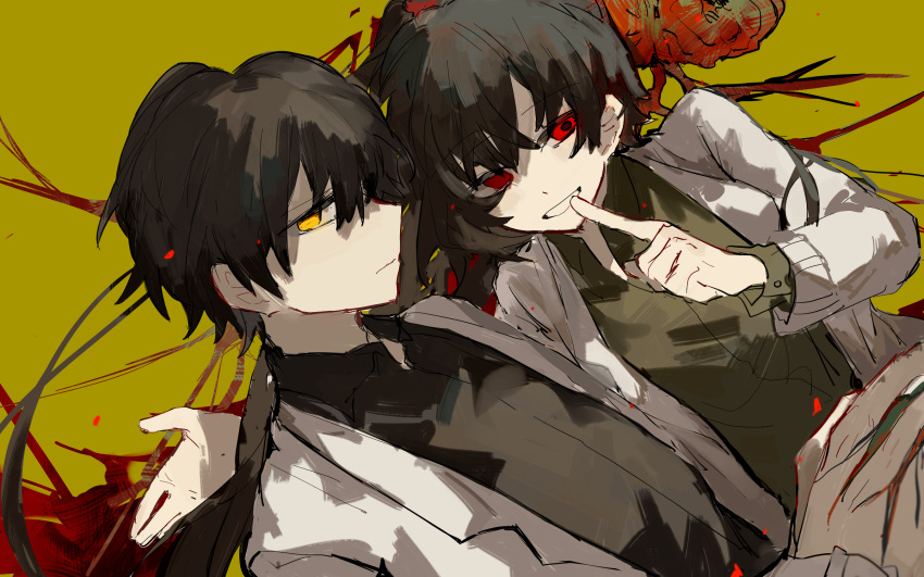 1boy 1girl ayin_(project_moon) black_hair black_shirt blood brain carmen_(project_moon) closed_mouth coat collared_shirt green_background green_shirt he_(minty) highres lab_coat lobotomy_corporation long_sleeves mismatched_pupils parted_lips project_moon red_eyes shirt sidelocks simple_background smile white_coat yellow_eyes