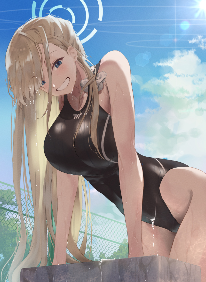 1girl alternate_costume asuna_(blue_archive) asymmetrical_bangs black_one-piece_swimsuit blue_archive blue_sky blush breasts competition_swimsuit grin halo highleg highleg_swimsuit highres kuu_(user_gngs5284) large_breasts light_brown_hair long_hair one-piece_swimsuit outdoors sky smile solo straight_hair sunlight swimsuit very_long_hair water_drop