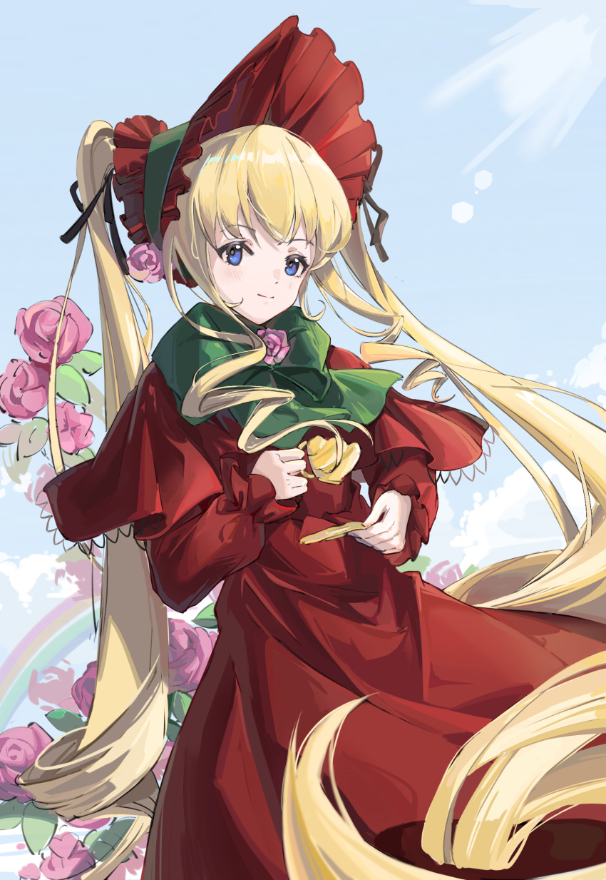 1girl blonde_hair blue_eyes blue_sky blush bonnet bow bowtie capelet chinese_commentary closed_mouth cloud commentary_request cowboy_shot cup dress drill_hair drill_sidelocks dutch_angle eggkiller flat_chest flower flower_brooch frilled_capelet frilled_sleeves frills green_bow green_bowtie highres holding holding_cup holding_saucer lolita_fashion long_dress long_hair long_sleeves looking_at_viewer medium_bangs pink_flower pink_rose rainbow red_capelet red_dress red_headwear rose rozen_maiden saucer shinku sidelocks sky smile solo sunlight teacup twintails very_long_hair
