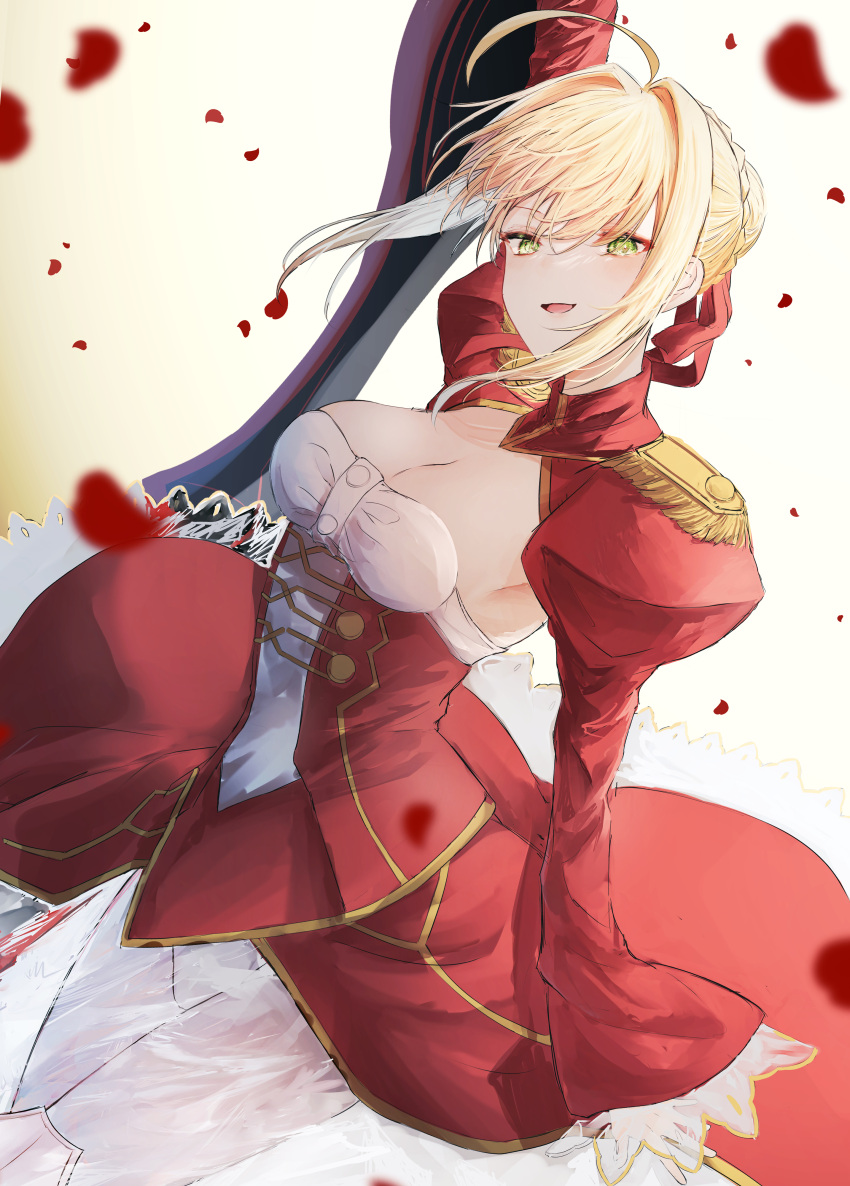 1girl absurdres ahoge arms_up blonde_hair braid braided_bun breasts cleavage dress fate/extra fate/grand_order fate_(series) french_braid green_eyes hair_bun highres lock looking_at_viewer medium_breasts nero_claudius_(fate) nero_claudius_(fate/extra) open_mouth petals red_dress red_ribbon ribbon rose_petals see-through see-through_skirt single_hair_bun skirt smile yagi_(yagi5art)