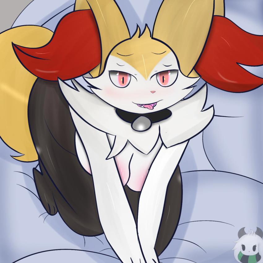 2023 anthro areola bed bed_sheet bedding bedroom_eyes bell bell_collar black_body braixen breasts choker collar digital_media_(artwork) female fur furniture generation_6_pokemon hi_res humanoid imminent_sex jewelry mammal medium_breasts miyang_draws! narrowed_eyes necklace nintendo pink_areola pokemon pokemon_(species) seductive signature simple_background solo tail tongue tongue_out tuft white_body white_fur yellow_body yellow_tail