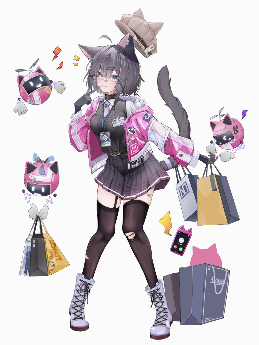 1girl :q absurdres animal_ears bag bandaid bandaid_on_face bandaid_on_nose bandaid_on_thigh belt black_gloves black_hair black_skirt black_thighhighs black_vest blue_eyes boots breasts cat_ears cat_girl cat_tail cellphone garter_straps gloves hat hat_with_ears highres id_card jacket long_sleeves looking_at_viewer medium_breasts miniskirt multicolored_clothes multicolored_jacket non-humanoid_robot open_clothes open_jacket original paper_bag phone pink_jacket plaid plaid_skirt pleated_skirt reine_(reineko6) robot see-through see-through_sleeves shirt shopping_bag short_hair skirt smartphone tail thighhighs tongue tongue_out torn_clothes torn_thighhighs two-tone_jacket vest white_jacket white_shirt