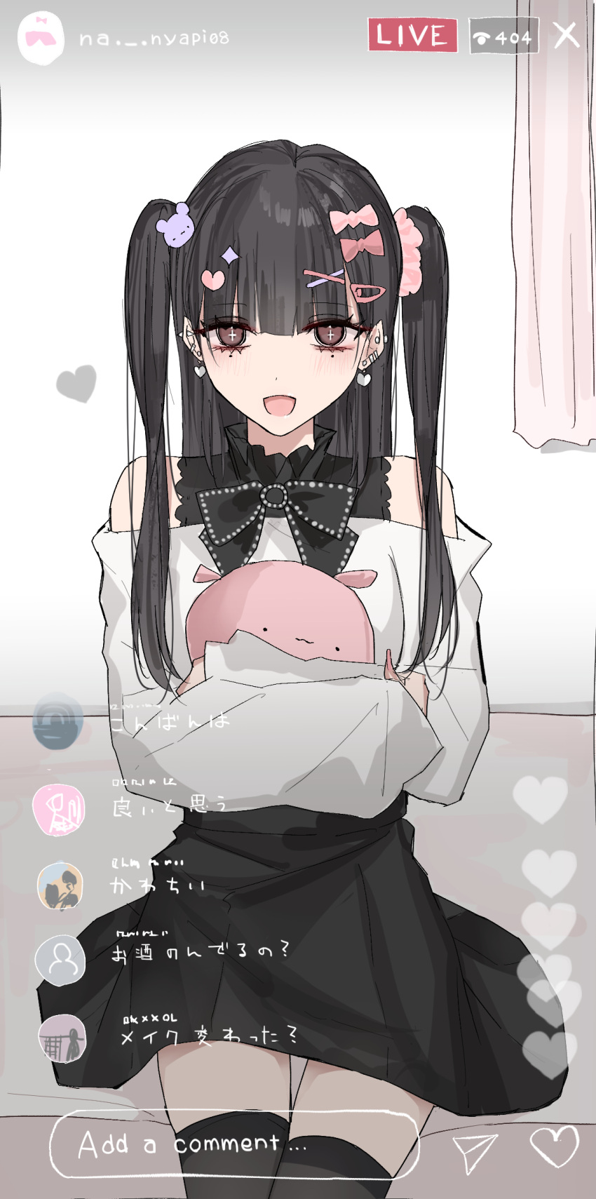 1girl :d bare_shoulders bear_hair_ornament black_hair black_shirt black_skirt black_thighhighs bow brown_eyes cross-shaped_pupils feet_out_of_frame hair_bow hair_ornament hairclip heart highres hugging_object jirai_kei kanju livestream long_hair long_sleeves off-shoulder_shirt off_shoulder original pink_bow pleated_skirt puffy_long_sleeves puffy_sleeves shirt sitting skirt sleeveless sleeveless_shirt sleeves_past_wrists smile solo stuffed_toy symbol-shaped_pupils thighhighs translation_request two_side_up white_shirt x_hair_ornament