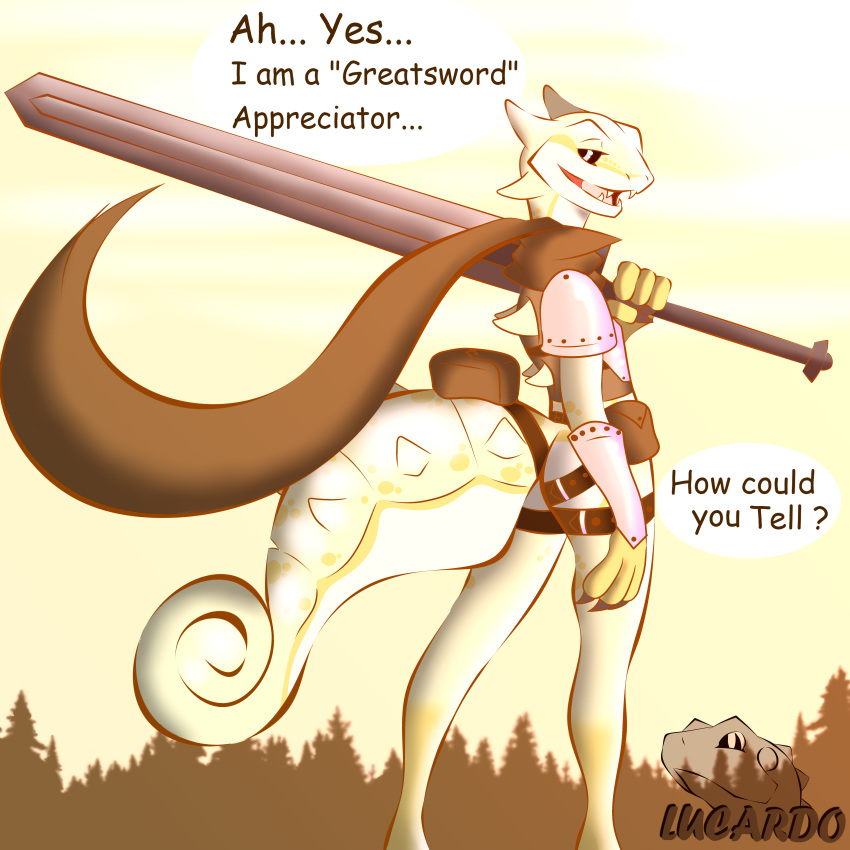 absurd_res anthro armor forest forest_background gecko greatsword hi_res lizard looking_at_viewer lucardo lucardo_cruz male melee_weapon nature nature_background plant reptile scalie scarf solo speech_bubble sword text tree weapon