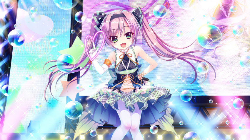 1girl bare_shoulders black_bow blue_dress blue_headband bow breasts bubble colored_lights concert cross-laced_clothes dot_nose dress elbow_gloves fang film_grain from_below game_cg gloves green_eyes hair_bow hand_on_own_hip headband heart idol idol_clothes index_finger_raised izumi_tsubasu leggings long_hair miniskirt misaki_sango non-web_source official_art open_mouth pantyhose plaid plaid_skirt purple_hair re:stage! screen short_dress single_elbow_glove skirt sleeveless sleeveless_dress small_breasts smile solo sparkle stage stage_lights star_(symbol) stomach twintails very_long_hair white_gloves white_leggings white_pantyhose