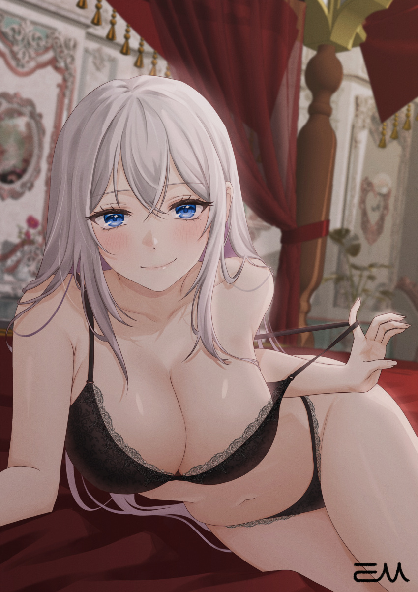 1girl absurdres bare_arms bare_shoulders bed black_bra black_panties blue_eyes bra breasts canopy_bed cleavage closed_mouth commission highres lace-trimmed_bra lace-trimmed_panties lace_trim large_breasts lingerie long_hair looking_at_viewer navel on_bed original panties pulled_by_self smile solo stomach strap_pull string_bra taesseung thighs underwear underwear_only very_long_hair white_hair