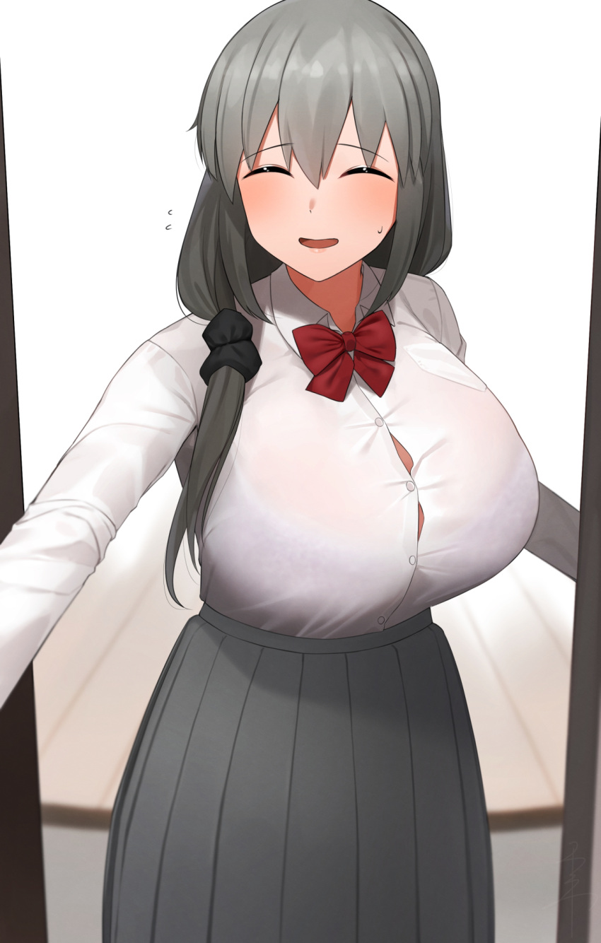 1girl ^_^ blush bow bowtie button_gap closed_eyes facing_viewer flying_sweatdrops grey_hair grey_skirt hair_over_shoulder highres pleated_skirt pov_doorway red_bow red_bowtie senju_(snz0) shirt shirt_tucked_in skirt smile solo sweatdrop tented_shirt undersized_clothes uzaki-chan_wa_asobitai! uzaki_tsuki white_shirt