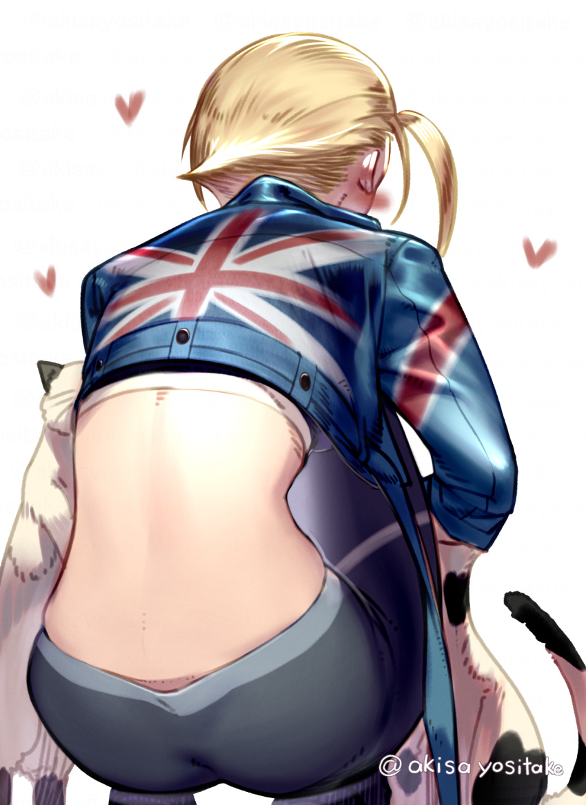 1girl akisa_yositake animal ass back back_focus blonde_hair blush cammy_white cat cropped_jacket facing_away flag_print from_behind heart highres long_sleeves looking_back short_hair solo squatting street_fighter street_fighter_6 tight_clothes union_jack union_jack_print