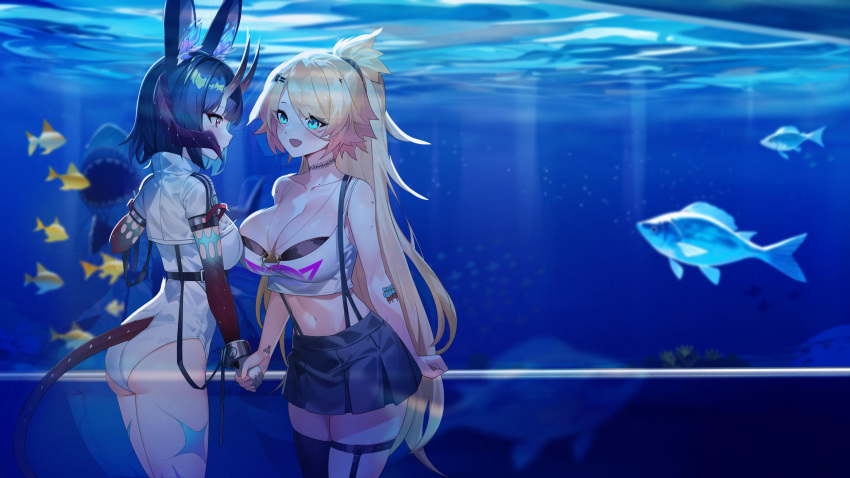 2girls animal_ears aquarium arm_tattoo ass bipsygg black_bra black_hair black_skirt blonde_hair blue_eyes bra breasts camisole choker cleavage collarbone commission crop_top crystal fang fish gloves gradient_hair hair_between_eyes hair_ornament highres holding_hands horns indie_virtual_youtuber jewelry kaiend large_breasts leotard long_hair midriff millennium_ring multicolored_hair multiple_girls navel necklace obkatiekat oni_horns open_mouth pink_hair ponytail red_eyes reflection shark shirt short_hair single_thighhigh skirt suspender_skirt suspenders tattoo thigh_strap thighhighs underwear virtual_youtuber water white_camisole white_gloves white_leotard white_shirt yu-gi-oh!