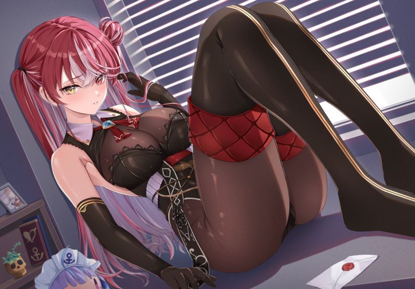 1girl ascot black_gloves blinds breasts colored_inner_hair commentary_request elbow_gloves envelope gloves hair_bun hand_up heterochromia highres hololive houshou_marine houshou_marine_(5th_costume) iroha_(unyun) knees_up large_breasts leaning_back legs long_hair minato_aqua multicolored_hair no_shoes official_alternate_costume official_alternate_hair_length official_alternate_hairstyle pantyhose parted_lips red_ascot red_eyes red_hair see-through_cleavage shelf sideways sitting solo streaked_hair stuffed_toy thighhighs thighs very_long_hair virtual_youtuber white_hair window wing_collar yellow_eyes
