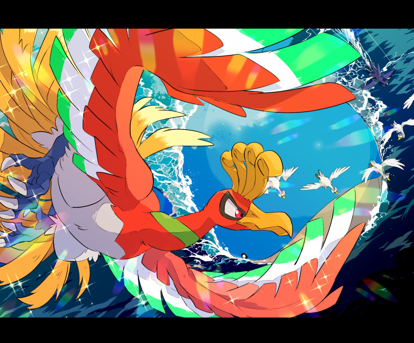 45_(maruyaki45) absurdres animal_focus beak bird commentary feathers flying garchomp highres ho-oh letterboxed no_humans ocean outdoors pokemon pokemon_(creature) red_eyes sparkle swanna symbol-only_commentary talons wailord water