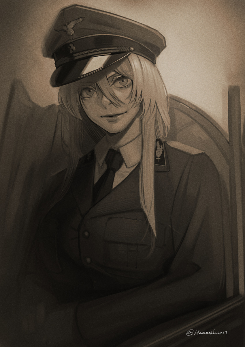 1girl absurdres azur_lane bismarck_(azur_lane) chair english_commentary greyscale harris_hero hat highres light_smile lips looking_at_viewer military_hat military_uniform monochrome nazi necktie own_hands_together sepia signature sitting solo twitter_username uniform