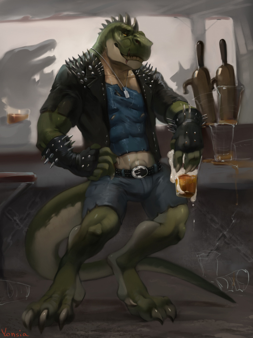 alcohol anthro beer beer_glass beverage dinosaur hi_res male muscular muscular_anthro muscular_male reptile rocco_(tallion) scalie scar solo spikes spikes_(anatomy) theropod tyrannosaurid tyrannosaurus tyrannosaurus_rex yonsia