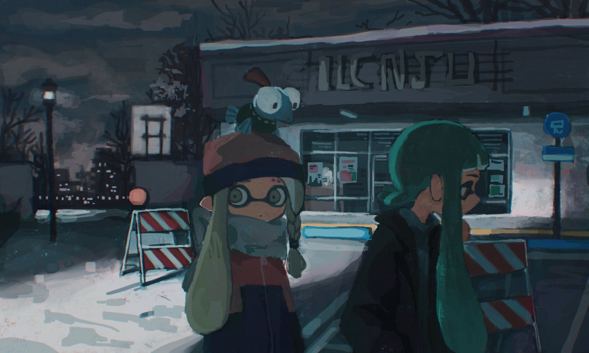 2girls agent_3_(splatoon) agent_3_(splatoon_3) braid building closed_mouth cloud dr_mice green_hair hat highres inkling inkling_girl jacket lamppost little_buddy_(splatoon) long_sleeves multiple_girls night on_head outdoors parking_lot pointy_ears salmonid scarf shop side_braid sign sky smallfry_(splatoon) splatoon_(series) splatoon_3 tentacle_hair tree