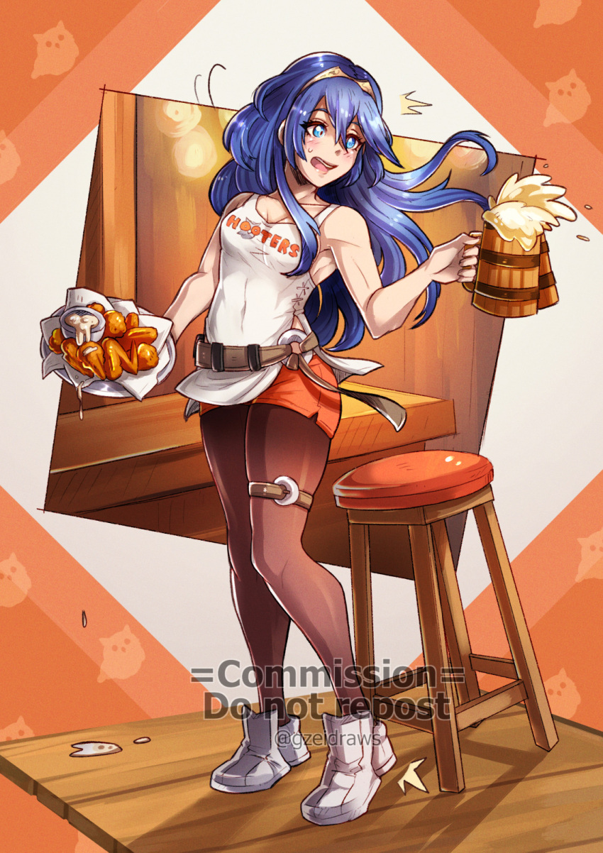 1girl ^^^ alternate_costume bare_arms bare_shoulders beer_mug belt blue_eyes blue_hair blush brown_belt chicken_wing commentary_request commission cup fire_emblem fire_emblem_awakening gzei highres holding holding_cup hooters long_hair lucina_(fire_emblem) mug open_mouth solo tank_top tiara very_long_hair white_tank_top