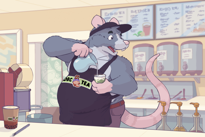 2023 anthro apron barista beverage bottomwear clothing coffee detailed_background hat headgear headwear hi_res lotic male mammal murid murine overweight overweight_male pants pink_nose rat rodent solo