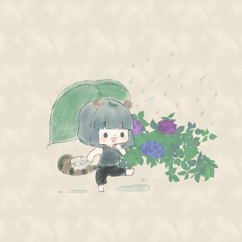 0725akaba 1girl animal_ears bag bare_arms bare_shoulders barefoot black_pants blue_flower blunt_bangs brown_background chibi flower grey_hair grey_shirt highres holding holding_bag hydrangea leaf leaf_on_head leaf_umbrella mode_aim pants ponpoko_(vtuber) purple_flower raccoon_ears raccoon_girl raccoon_tail rain shirt simple_background sleeveless sleeveless_shirt solo striped_tail tail virtual_youtuber walking