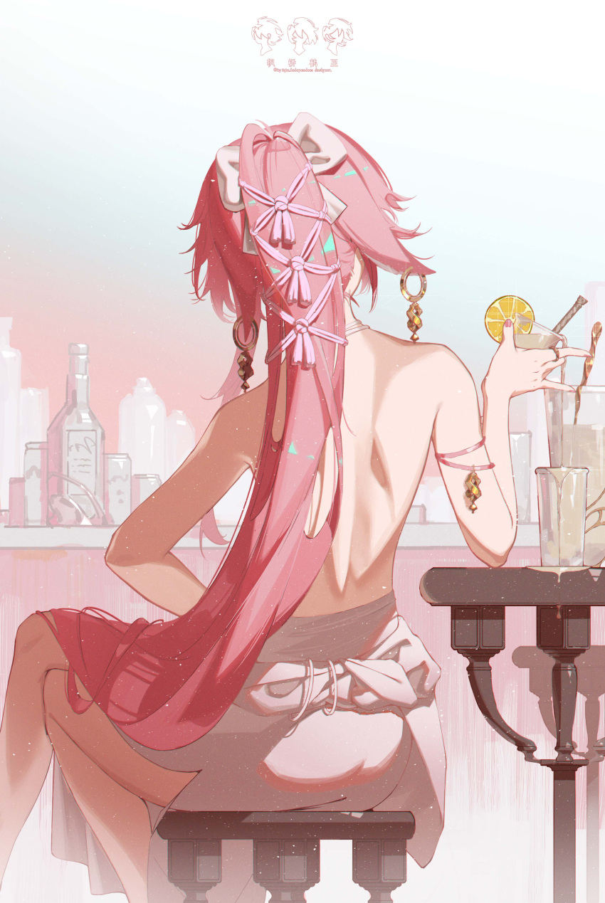 1girl absurdres animal_ears armlet back bare_back bottle bow commentary_request counter crossed_legs cup drinking_straw earrings feet_out_of_frame floppy_ears food fox_ears from_behind fruit genshin_impact highres holding holding_cup jewelry lemon lemon_slice long_hair makinohara_ue pink_hair pink_nails ponytail sitting skirt solo spilling stool tassel topless very_long_hair white_bow white_skirt yae_miko