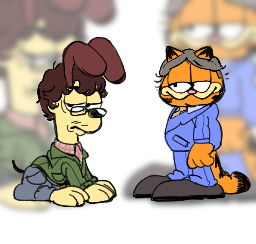 anthro black_nose blowup_background blurred_background bottomwear brown_hair canid canine canis clothed clothing cosplay crossover crossover_cosplay denim denim_clothing domestic_cat domestic_dog duo eyewear facial_hair felid feline felis feral footwear frown fully_clothed garfield_(series) garfield_the_cat glasses grey_hair hair hannibal_(series) hannibal_lecter hi_res jacket jeans lidded_eyes male mammal mustache necktie odie_the_dog orange_body pants paws pink_nose prick_ears shirt shoes simple_background sitting smile squareoverlord suit tail topwear will_graham yellow_body