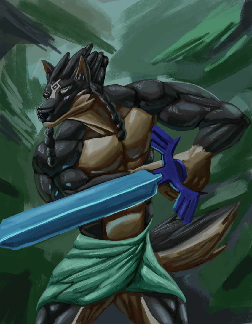 abs anthro anthrofied biped braided_hair canid canine canis clothed clothing countershade_face countershade_fur countershade_tail countershade_torso countershading dagox fur hair hi_res link_(wolf_form) male mammal melee_weapon muscular muscular_anthro muscular_male nintendo solo sword tail the_legend_of_zelda topless topless_anthro topless_male weapon wolf
