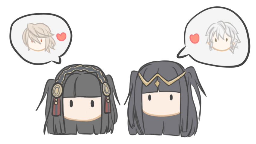 2boys 2girls black_hair blunt_bangs commentary_request corrin_(fire_emblem) corrin_(male)_(fire_emblem) fire_emblem fire_emblem_awakening fire_emblem_fates hair_between_eyes heart long_hair multiple_boys multiple_girls rhajat_(fire_emblem) robin_(fire_emblem) robin_(male)_(fire_emblem) simple_background spoken_heart swept_bangs tassel tharja_(fire_emblem) tiara two_side_up white_background ww59580949