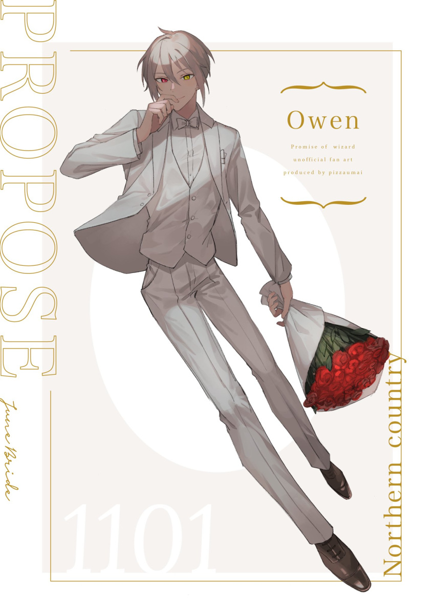 1boy bouquet bow bowtie character_name copyright_name flower formal heterochromia highres holding holding_bouquet jacket looking_at_viewer mahoutsukai_no_yakusoku male_focus owen_(mahoutsukai_no_yakusoku) pants piza-chan red_eyes red_flower red_rose rose shirt solo suit vest white_bow white_bowtie white_jacket white_pants white_shirt white_suit white_vest yellow_eyes