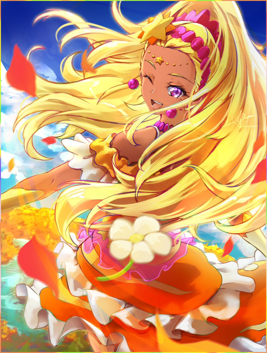 1girl ;d amamiya_elena bare_shoulders blonde_hair border clear_glass_(mildmild1311) commentary_request cure_soleil dark-skinned_female dark_skin dress earrings eyelashes hair_ornament hairband happy highres jewelry long_hair looking_at_viewer magical_girl multicolored_border one_eye_closed open_mouth orange_dress precure purple_eyes purple_hairband smile solo standing star_(symbol) star_hair_ornament star_twinkle_precure