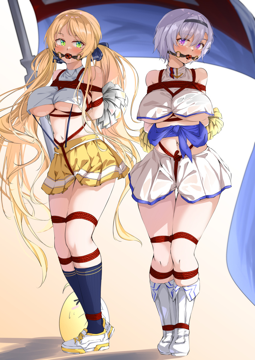 2girls absurdres arms_behind_back azur_lane ball_gag bare_shoulders bdsm bird black_hairband black_socks blonde_hair blue_ribbon blush bondage boots bound breasts cheerleader chick commentary commission crop_top crop_top_overhang crotch_rope flag gag gn_nanon green_eyes grey_hair hair_between_eyes hair_ribbon hairband highres holding holding_pom_poms hornet_(azur_lane) hornet_(cheering_justice!)_(azur_lane) knee_boots kneehighs large_breasts long_hair looking_at_viewer manjuu_(azur_lane) miniskirt multiple_girls navel official_alternate_costume parted_bangs pleated_skirt pom_pom_(cheerleading) purple_eyes purple_sash reno_(azur_lane) reno_(biggest_little_cheerleader)_(azur_lane) restrained ribbon saliva sash see-through see-through_skirt shadow shibari shirt shoes short_hair sidelocks skeb_commission skindentation skirt sleeveless sleeveless_shirt sneakers socks standing stomach suspender_skirt suspenders thigh_gap twintails two-tone_shirt two-tone_skirt underboob very_long_hair white_footwear white_shirt white_skirt yellow_skirt