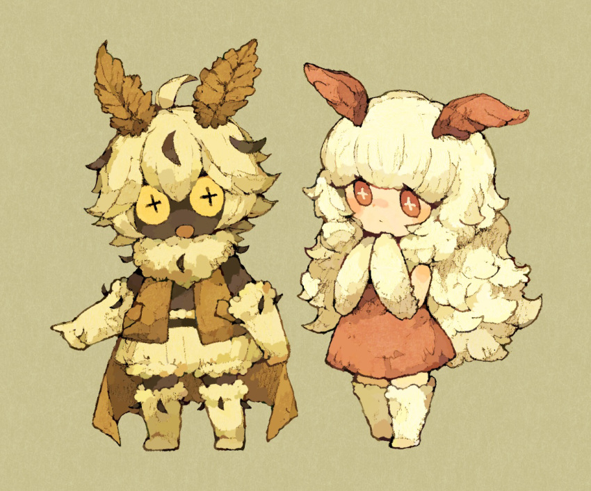 1boy 1girl ahoge arthropod_boy arthropod_girl blonde_hair blush boots brown_coat coat commentary cross-shaped_pupils dark-skinned_male dark_skin dress elbow_gloves full_body fur_boots fur_collar fur_gloves gloves hair_between_eyes insect_wings knee_boots long_hair looking_at_viewer maniani moth_antennae moth_boy moth_girl moth_wings multicolored_hair open_clothes open_coat open_mouth original own_hands_together red_dress red_eyes short_hair shorts simple_background sleeveless sleeveless_dress standing streaked_hair symbol-shaped_pupils very_dark_skin very_long_hair white_footwear white_gloves white_hair wings yellow_background yellow_eyes yellow_gloves